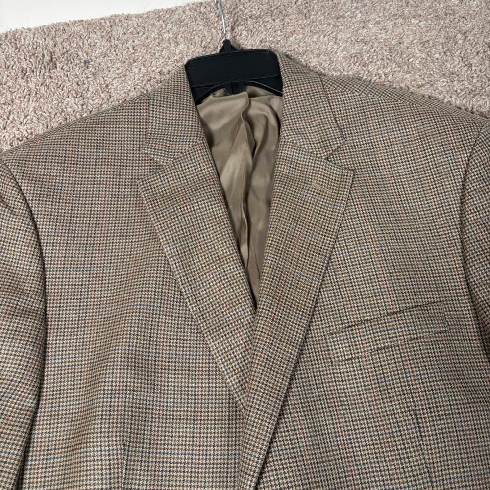 Lauren Ralph Lauren 46L Silk Wool Houndstooth Blazer Tan Brown Sport Coat 9434
